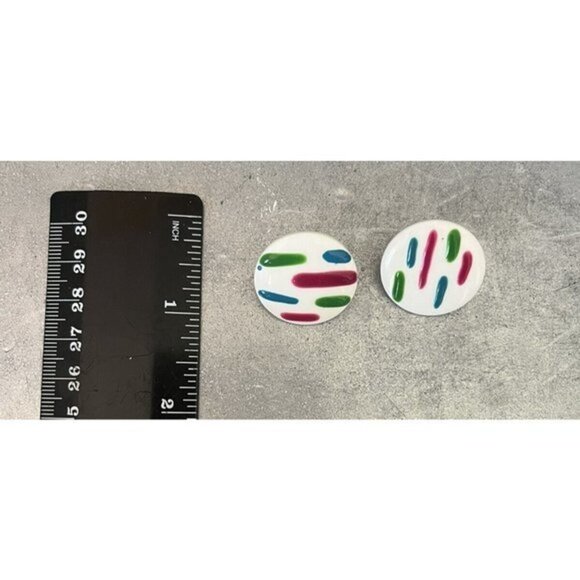 Vtg 80s Pierced‎ Earrings Plastic Round White Green Teal Purple Gemstone Colors - Picture 2 of 4